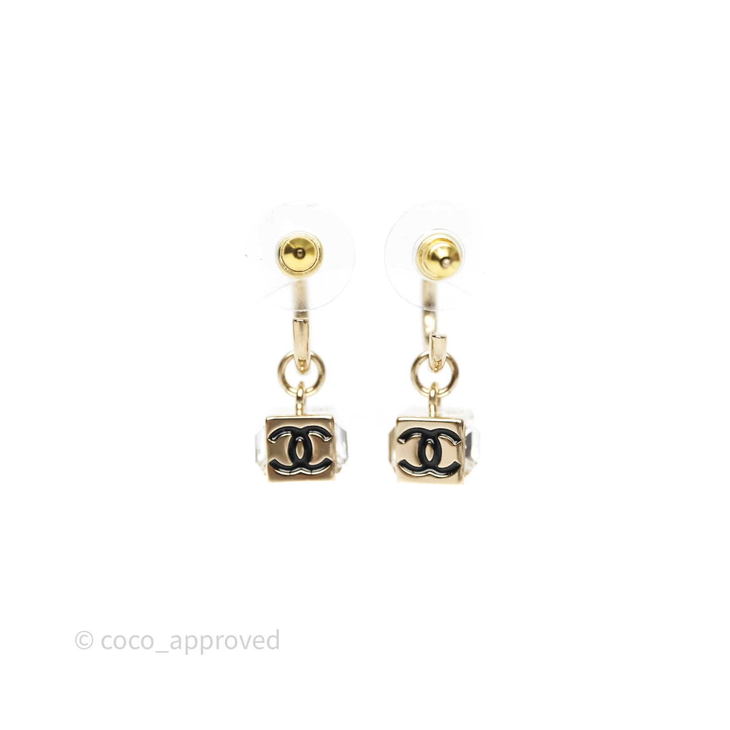 Chanel CC Crystal Square Drop Earrings Gold Tone 25C