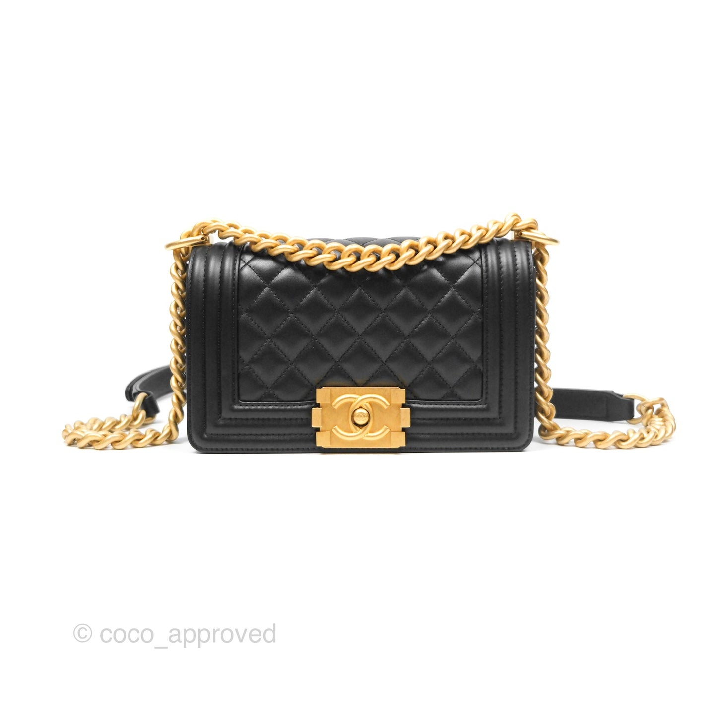 Chanel Small Boy Quilted Black Calfskin Aged Gold Hardware