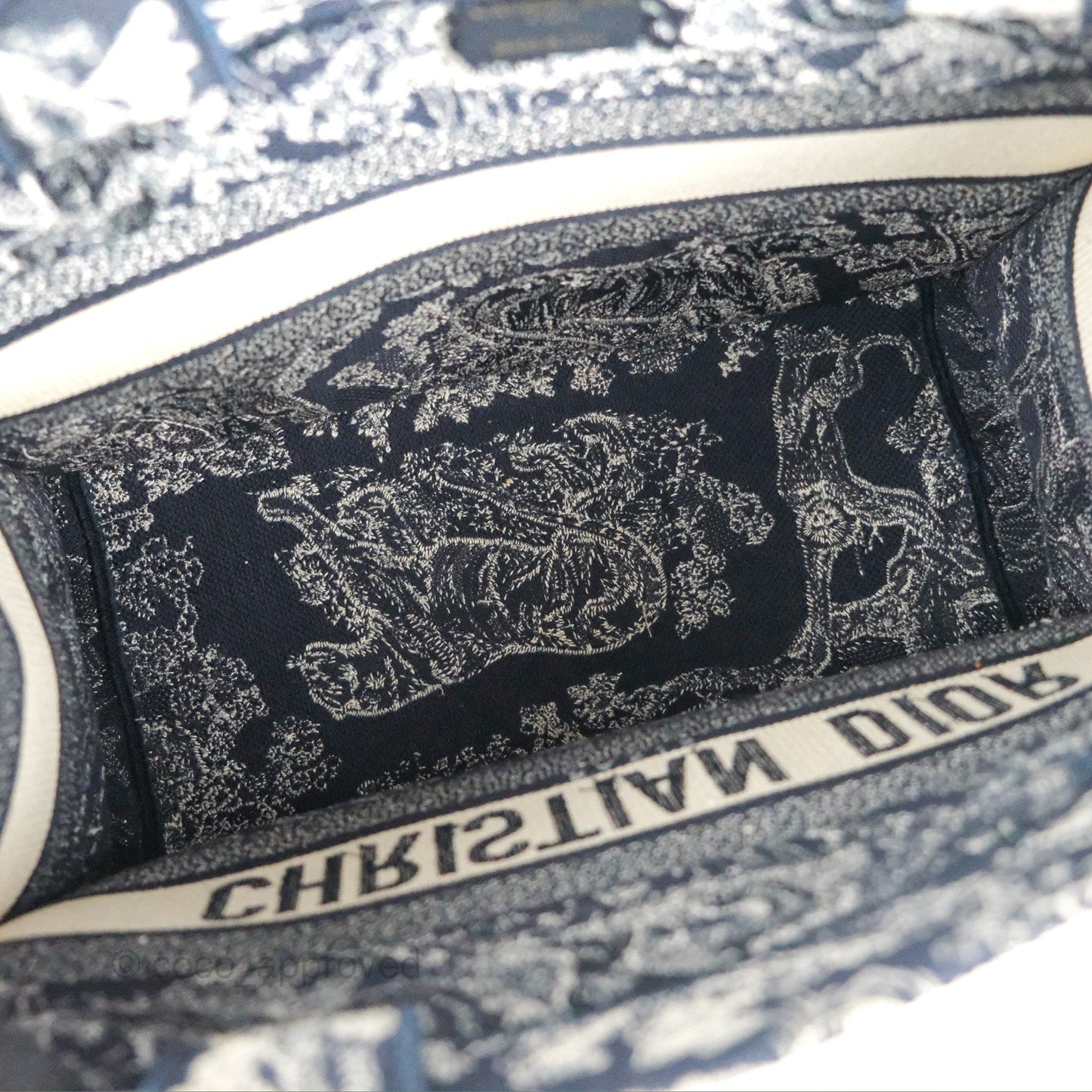 Christian Dior Embroidered Toile De Jouy Small Canvas Book Tote Navy