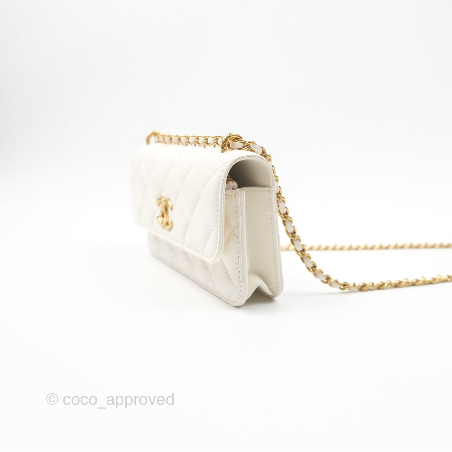 Chanel Dynasty Phone Holder with Chain White Ivory Lambskin Aged Gold Hardware