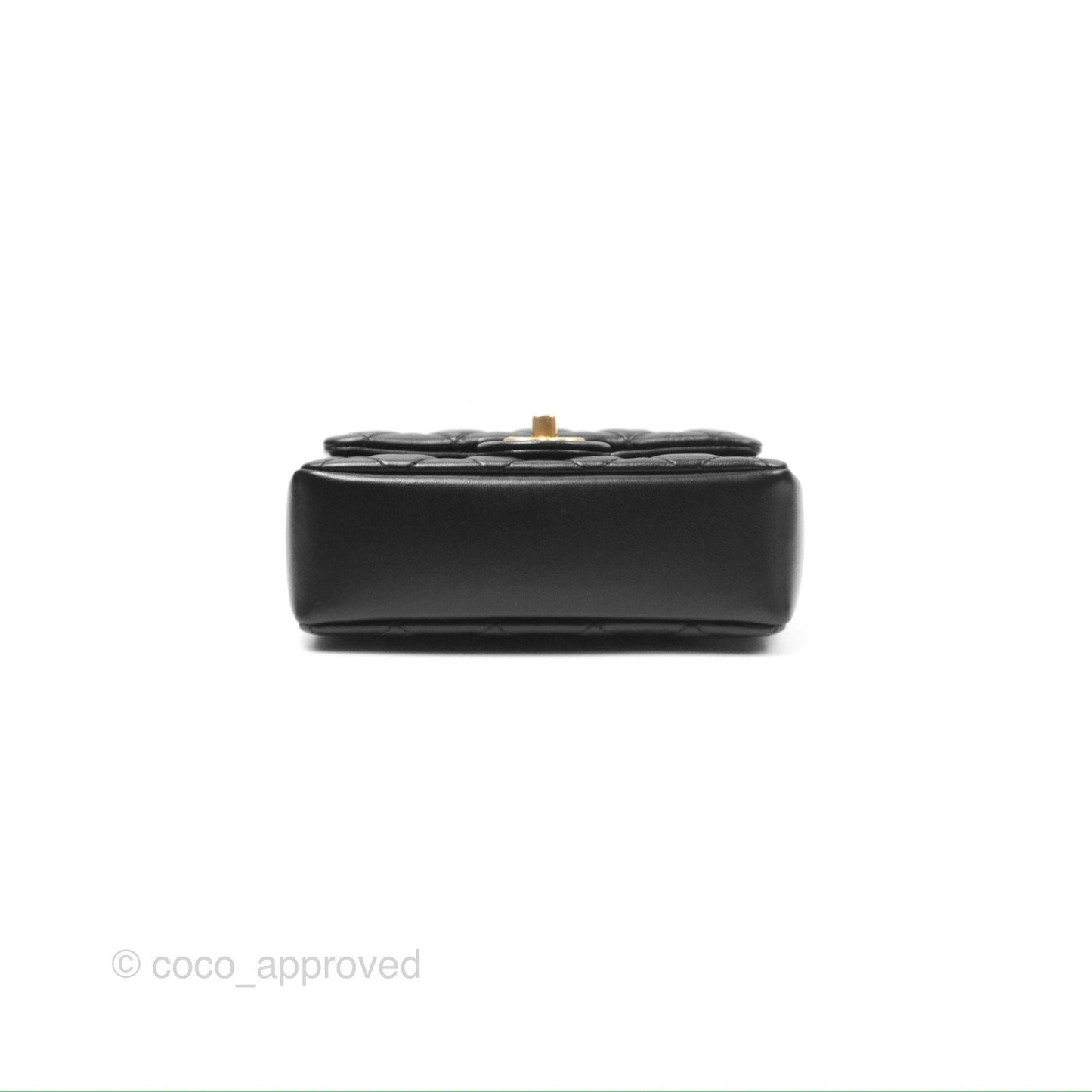 Chanel Mini Flap Bag with Pearl Chain Black Shiny Lambskin Aged Gold Hardware 24P