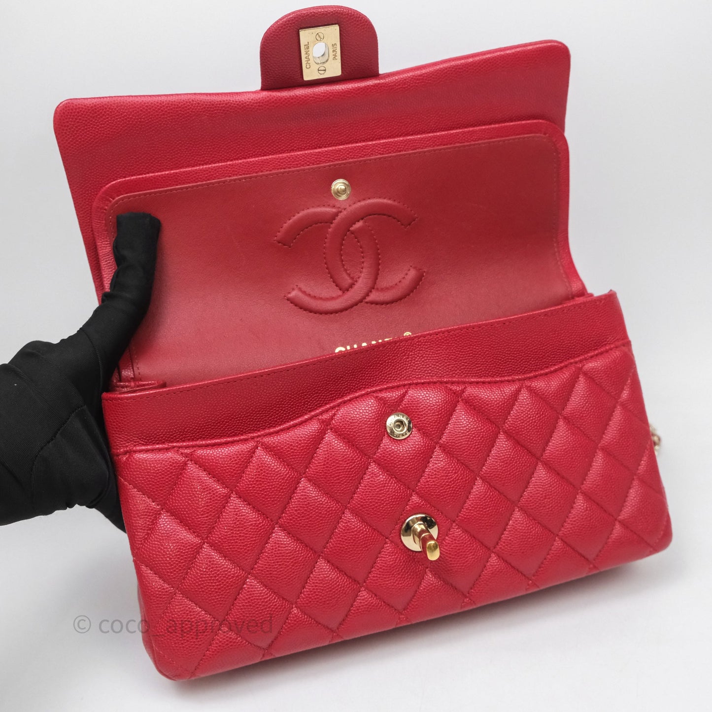 Chanel Classic M/L Medium Flap Quilted Red Caviar Gold Hardware
