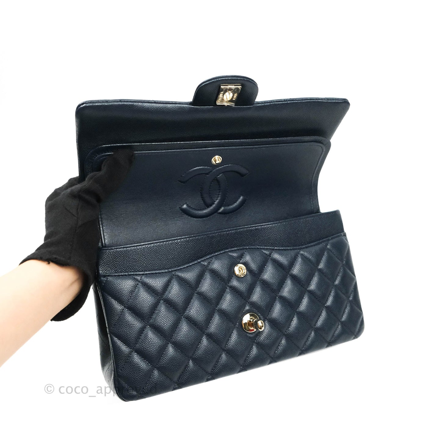 Chanel Quilted M/L Medium Double Flap Navy Caviar Gold Hardware
