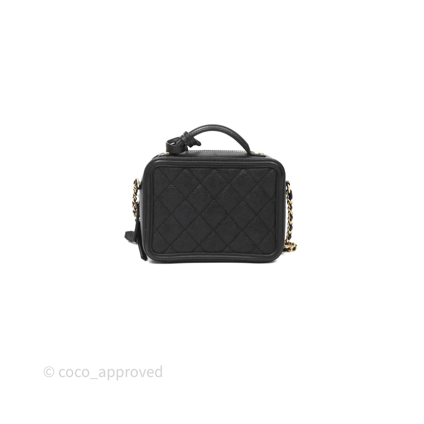 Chanel Quilted Small CC Filigree Vanity Case Black Caviar Aged Gold Hardware