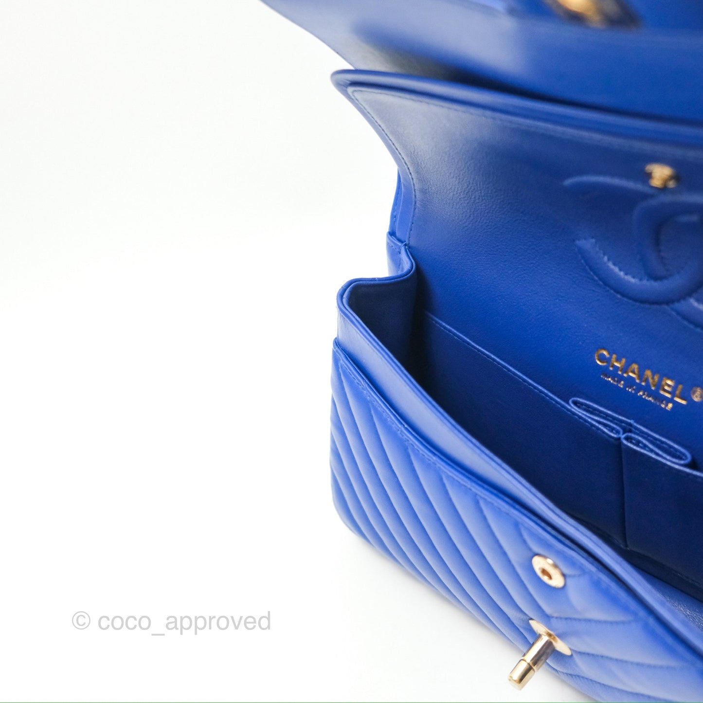 Chanel Medium Classic Flap Chevron Blue Lambskin Gold Hardware