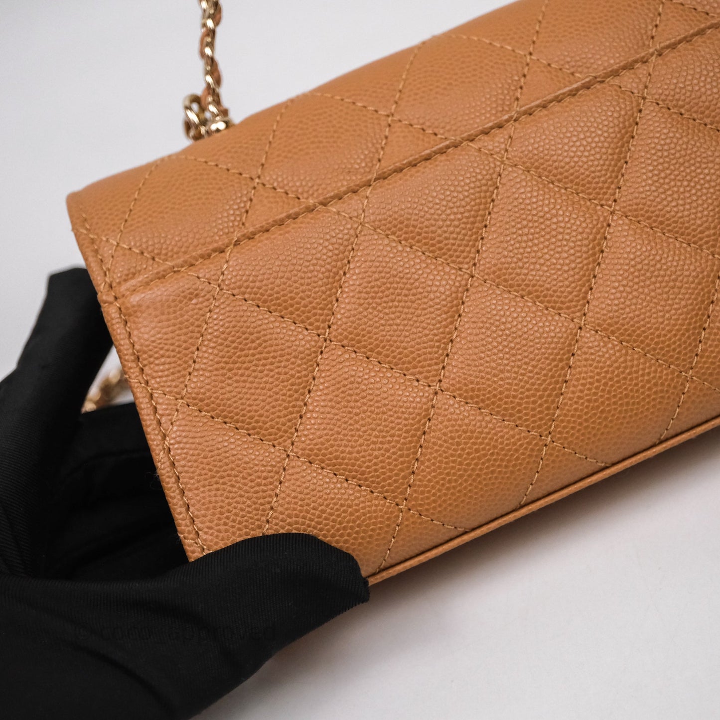 Chanel Kelly Clutch Top Handle Dark Beige Caviar Bag Light Gold hardware