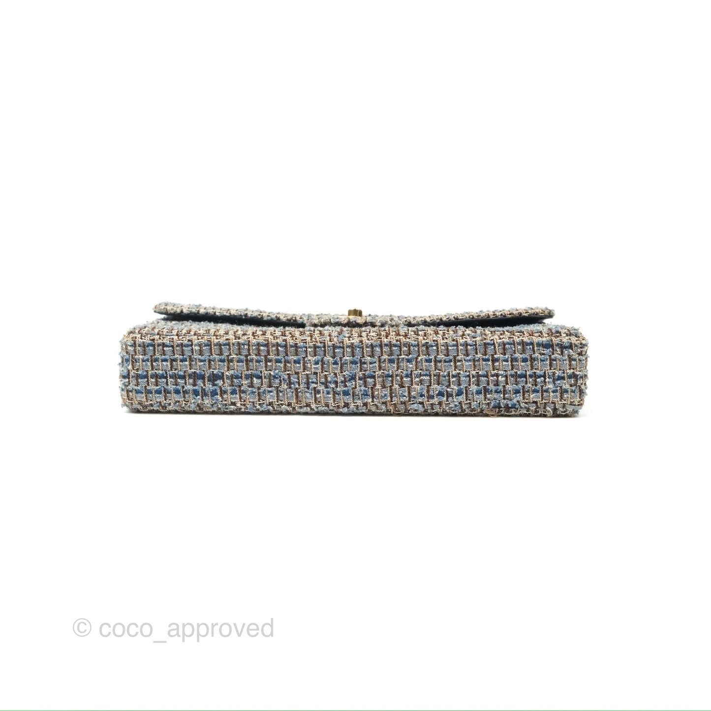 Chanel East West Chocolate Bar Flap Bag Grey Blue Tweed 24K Gold Hardware