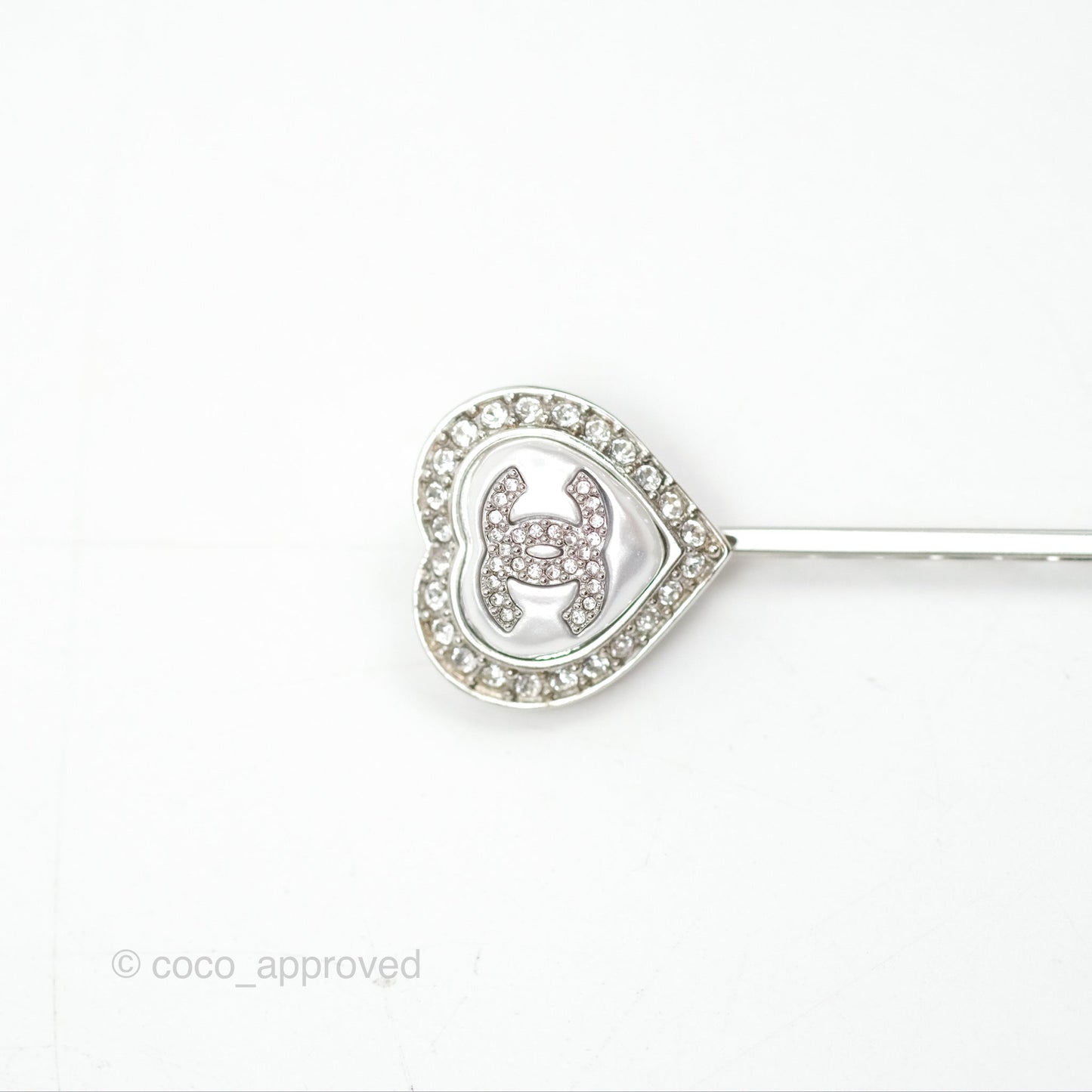 Chanel CC Crystal Heart Hair Clip Silver Tone 23B