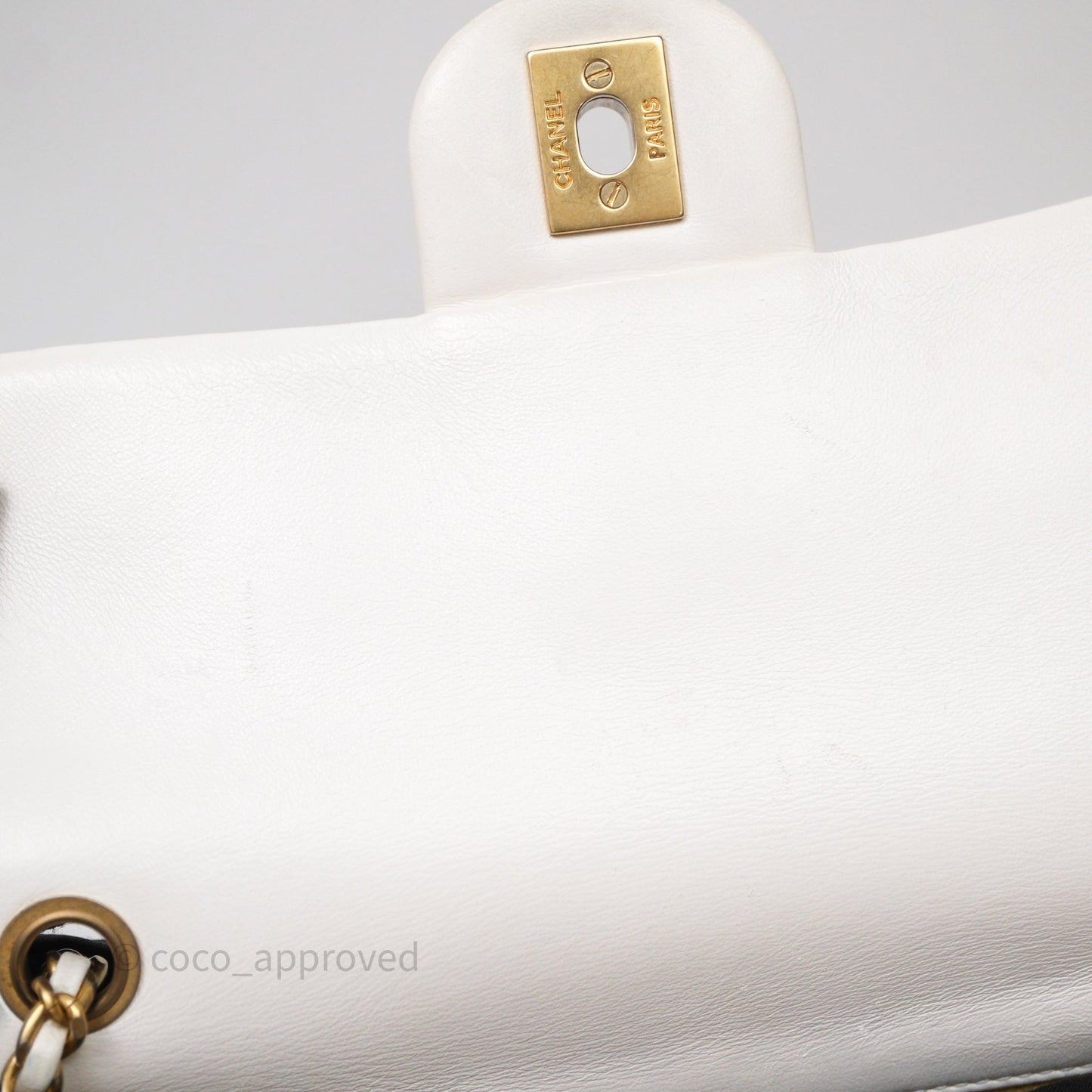 Chanel Mini Rectangular Pearl Crush Quilted White Lambskin Aged Gold Hardware