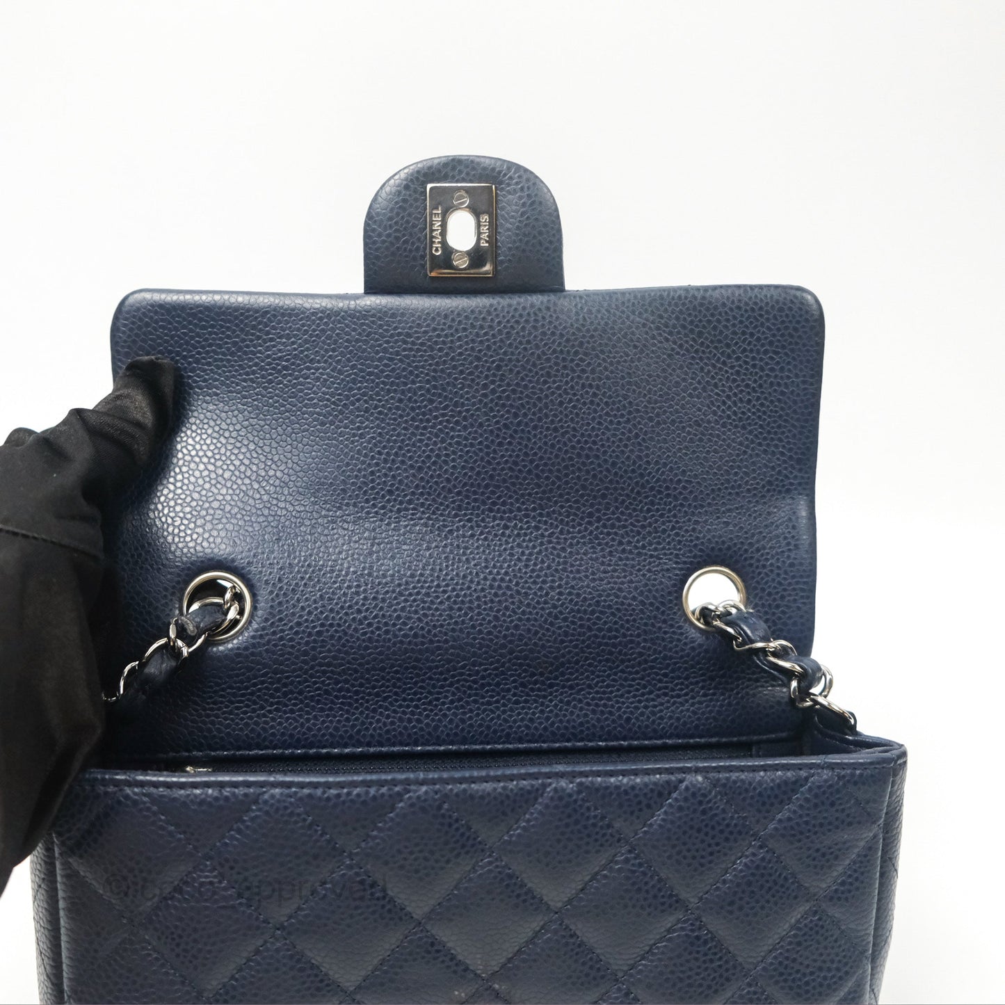 Chanel Quilted Mini Rectangular Flap Navy Caviar Silver Hardware
