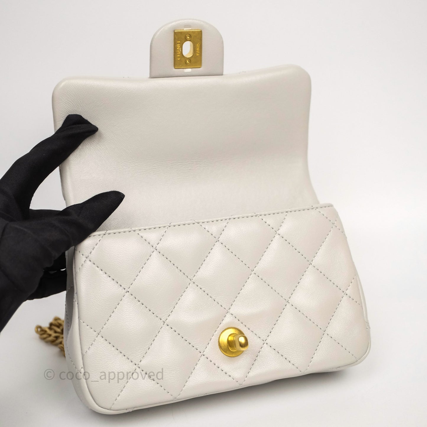 Chanel Heart Crush Mini Flap Bag Light Grey Lambskin Aged Gold Hardware 24P
