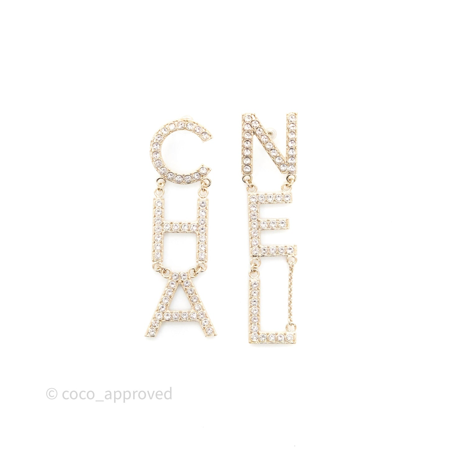 Chanel Crystal Cha-Nel Logo Drop Earrings Gold Tone 20V