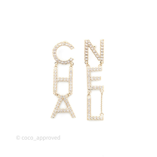 Chanel Crystal Cha-Nel Logo Drop Earrings Gold Tone 20V