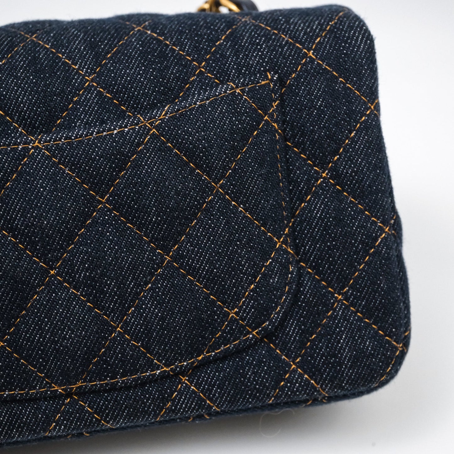 Chanel Mini Rectangular Quilted Dark Blue Denim Aged Gold Hardware