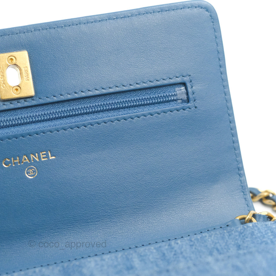 Chanel Quilted Pearl Crush Wallet on Chain WOC Denim Aged Gold Hardware