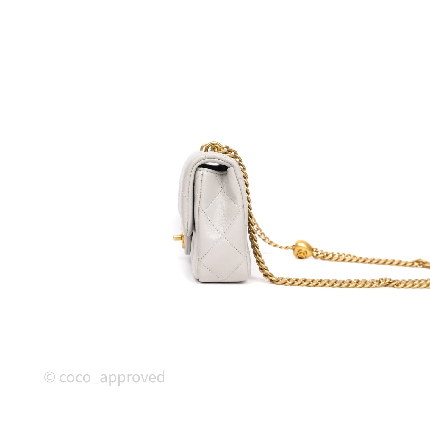 Chanel Heart Crush Mini Flap Bag Light Grey Lambskin Aged Gold Hardware 24P