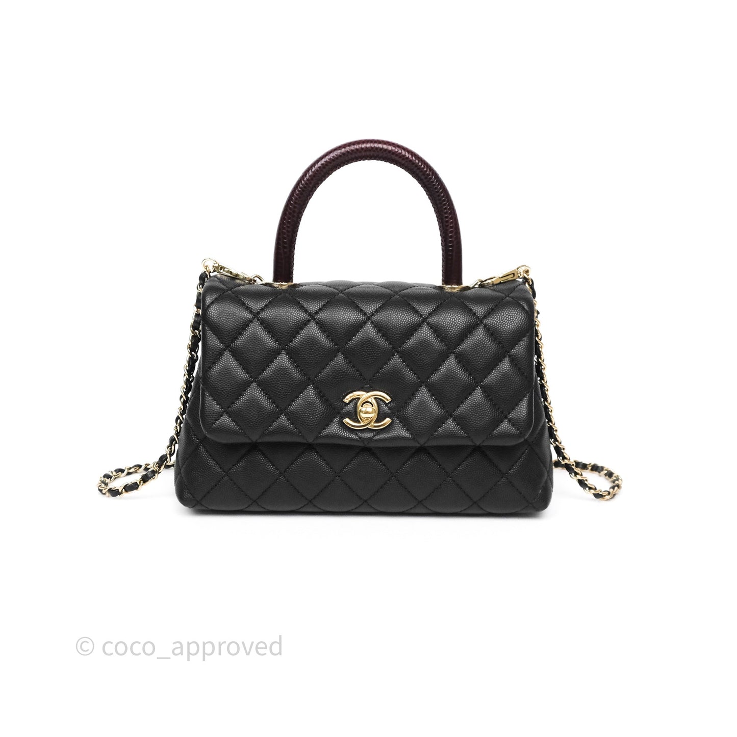 Chanel Small Coco Handle Quilted Black Caviar Gold Hardware Lizard Handle