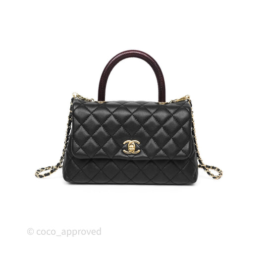 Chanel Small Coco Handle Quilted Black Caviar Gold Hardware Lizard Handle