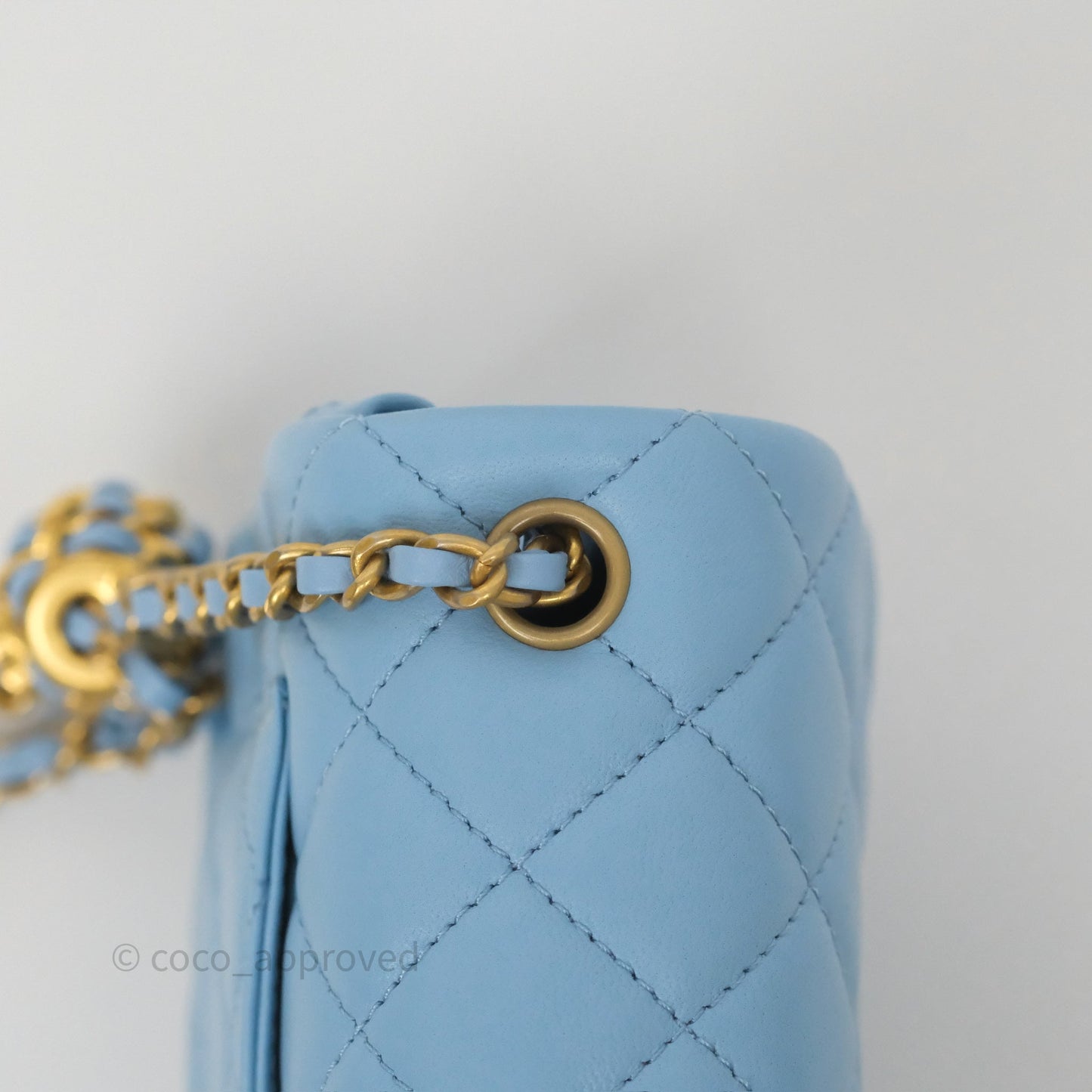 Chanel Mini Rectangular Pearl Crush Quilted Sky Blue Lambskin Aged Gold Hardware