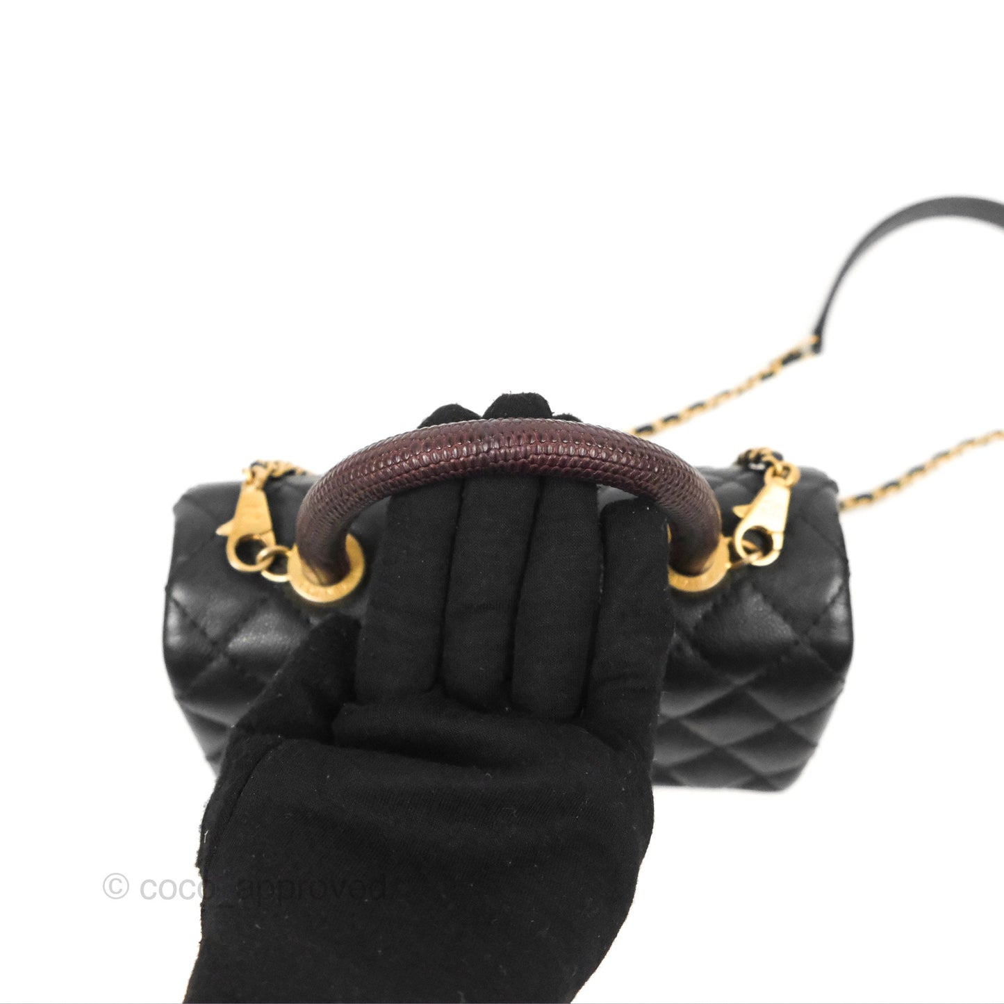 Chanel Small Coco Handle Quilted Black Caviar Aged Gold Hardware Lizard Handle