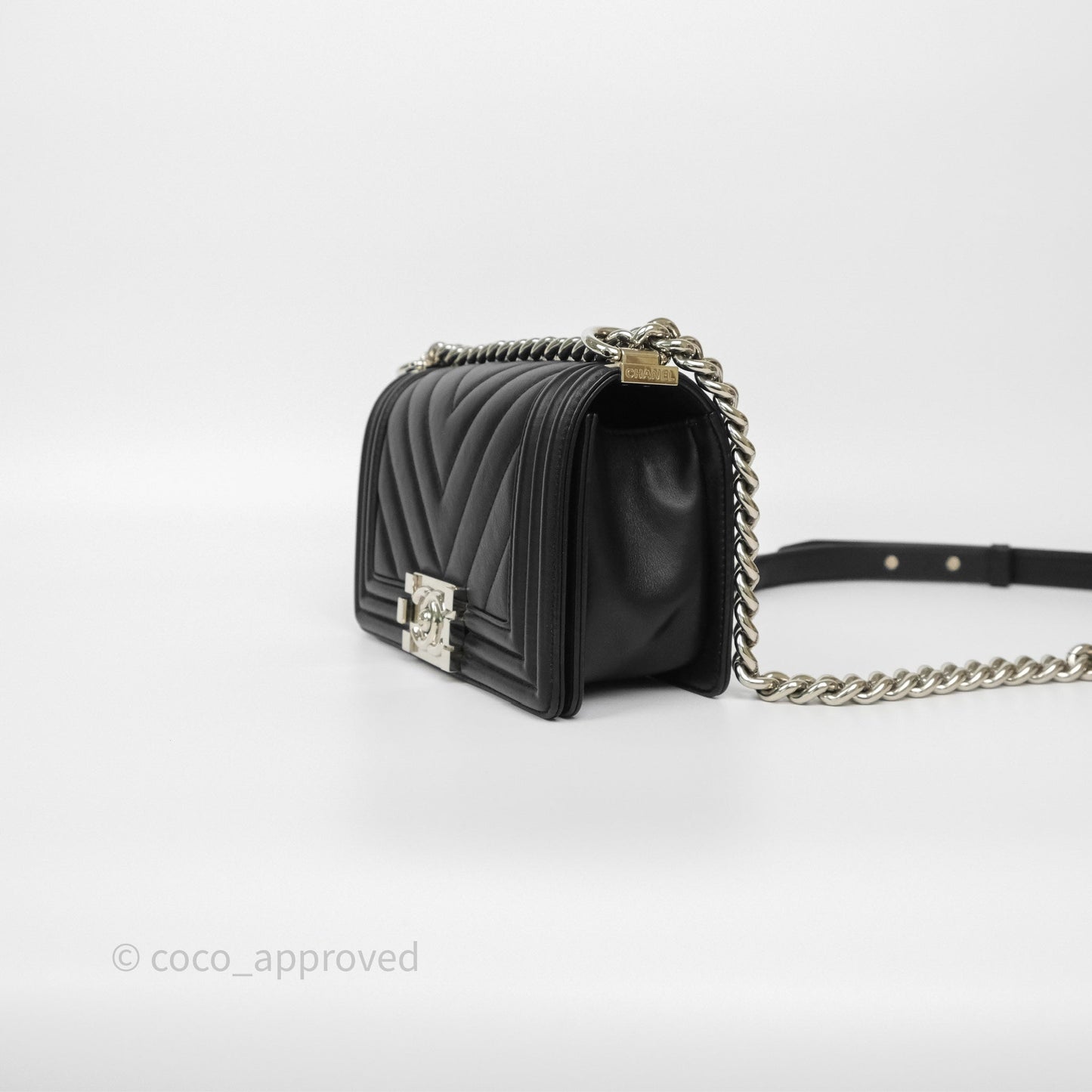 Chanel Small Boy Chevron Black Calfskin Silver Hardware