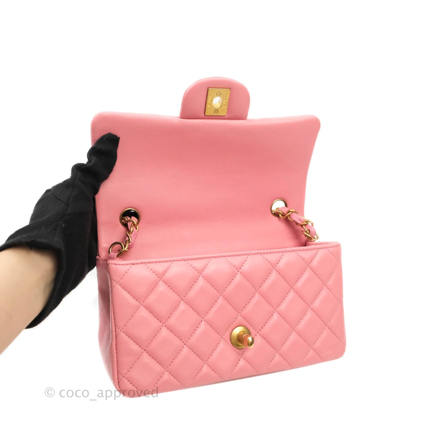 Chanel Classic Quilted Mini Rectangular Flap Pink Lambskin Aged Gold Hardware