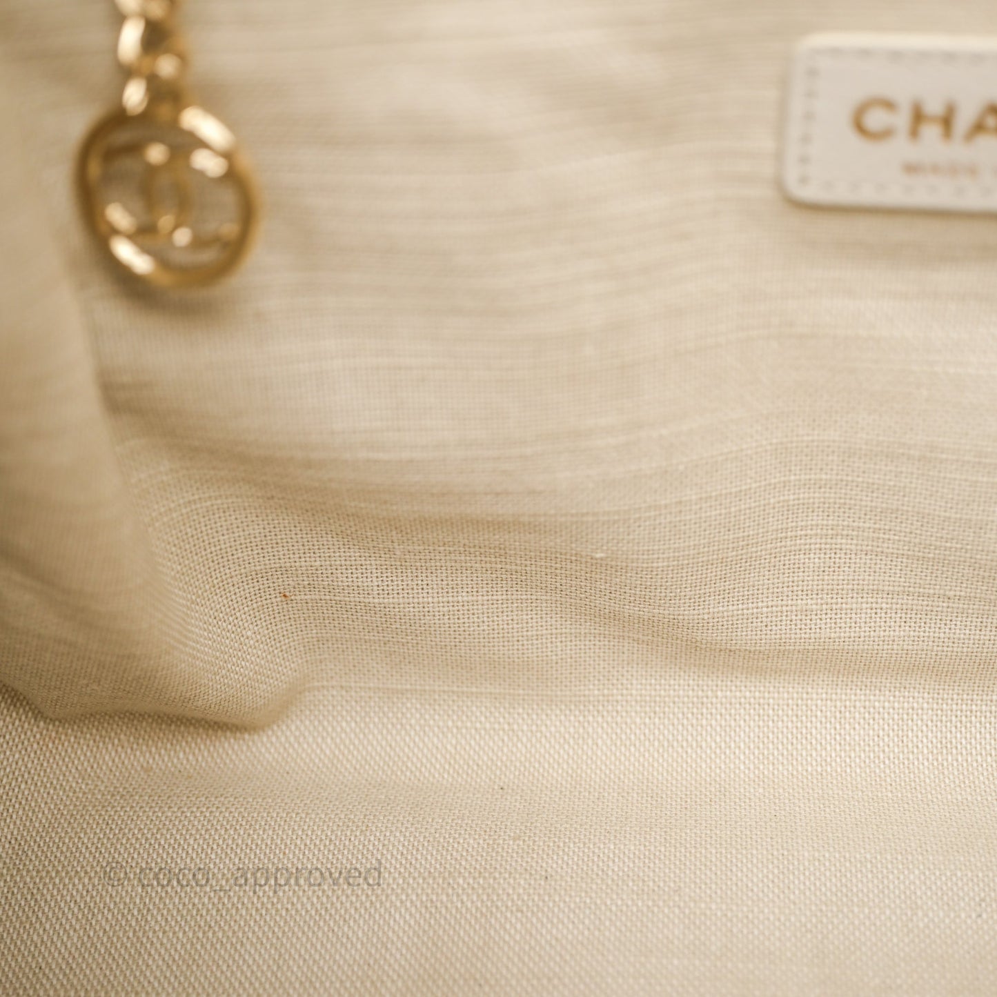 Chanel New Small Deauville Cream Ivory Canvas Light Gold Hardware