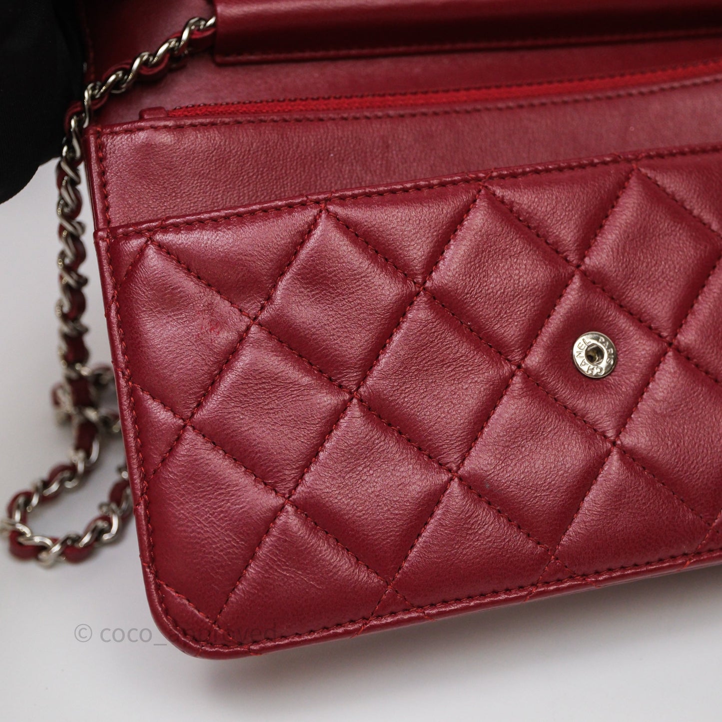 Chanel Quilted Wallet on Chain WOC Red Lambskin Silver Hardware