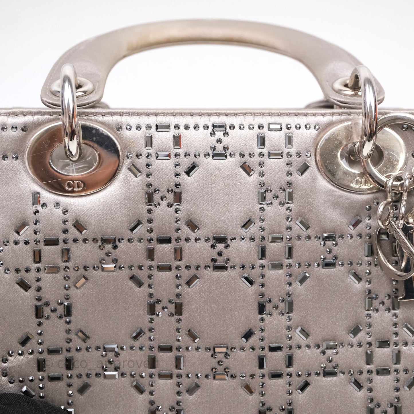 Christian Dior Mini Lady Dior Bag Grey Strass Cannage Satin Silver Hardware