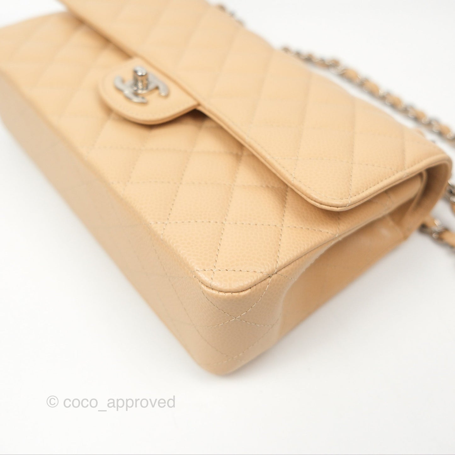 Chanel Classic M/L Medium Flap Quilted Beige Caviar Silver Hardware