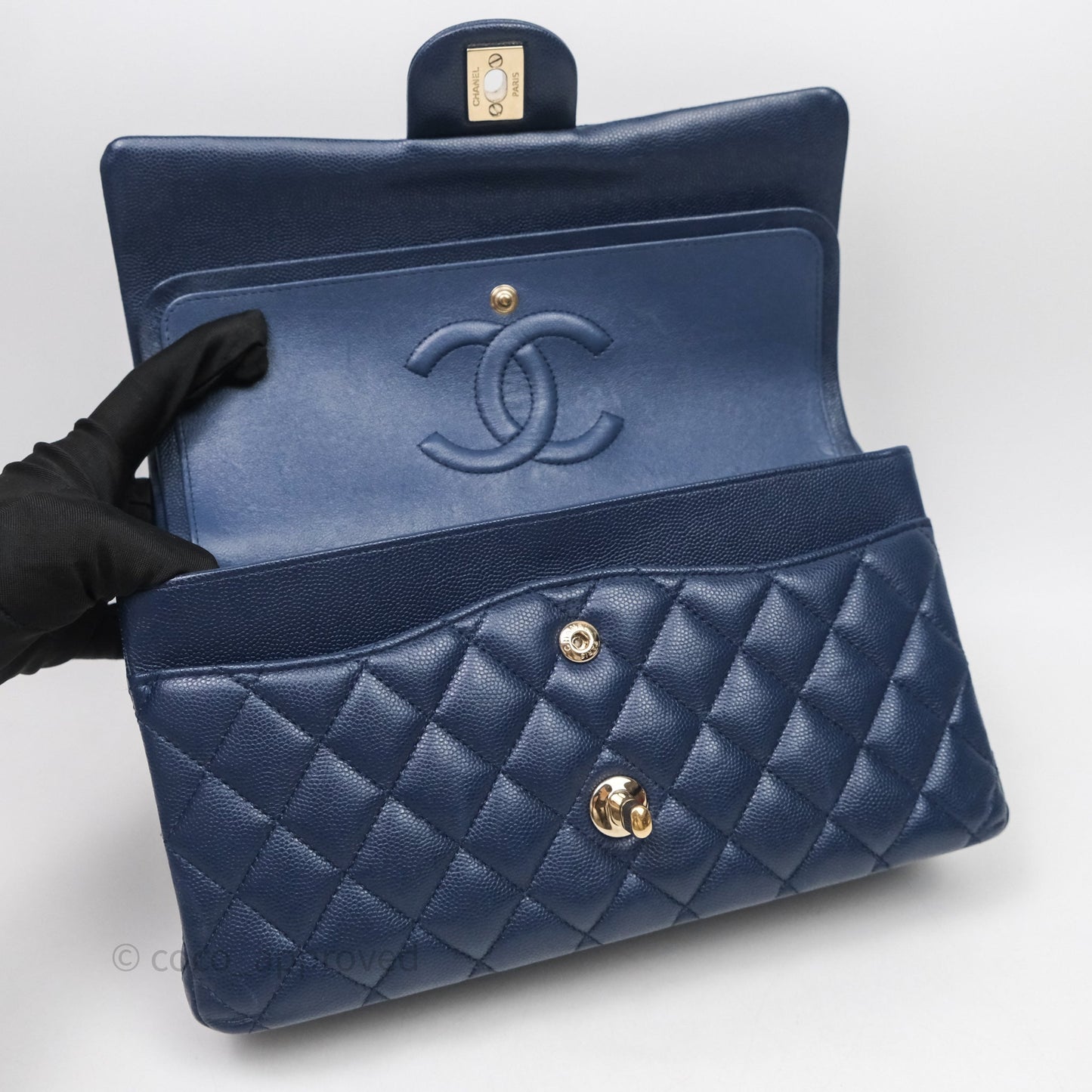 Chanel Medium Classic Flap Quilted Dark Blue Caviar Gold Hardware