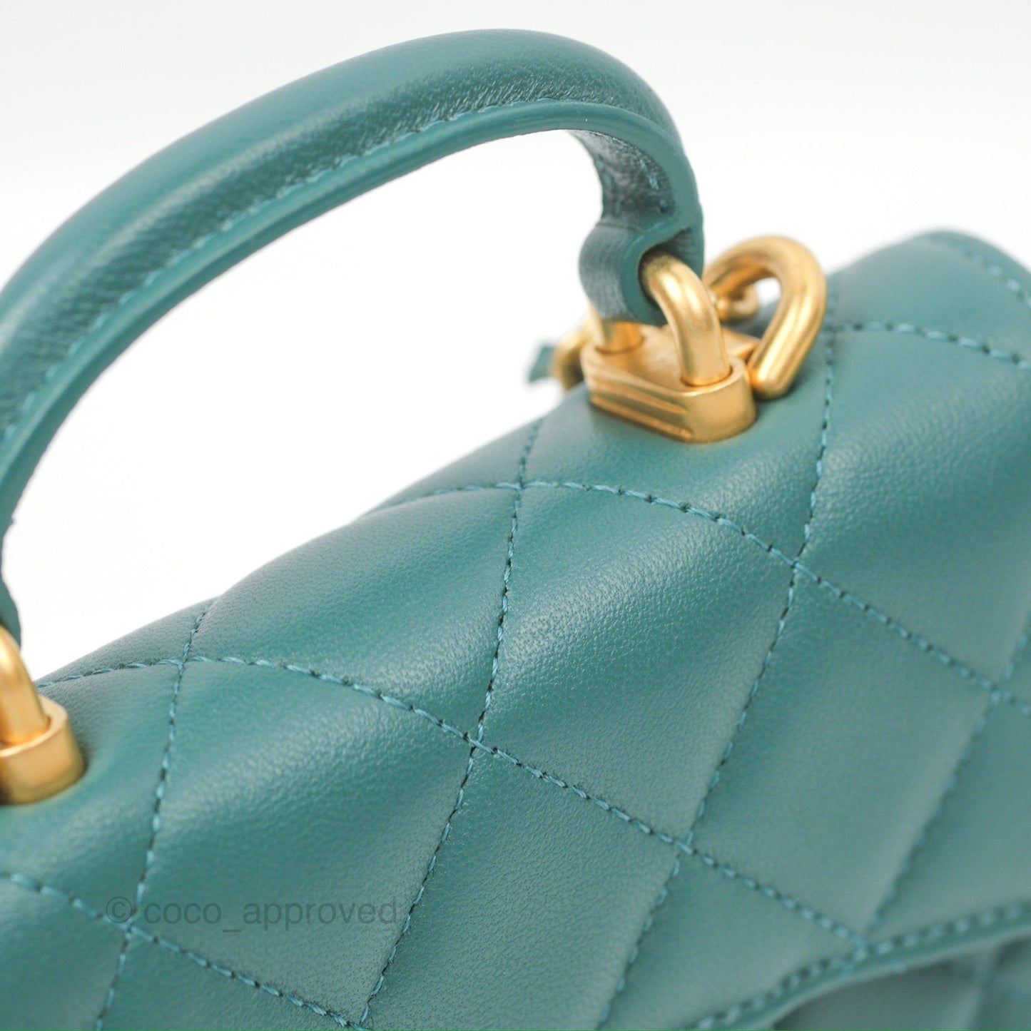 Chanel Mini Handle Flap Coin Purse With Chain Teal Green Lambskin Aged Gold Hardware