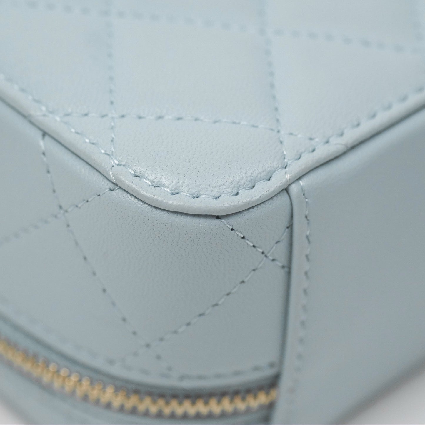 Chanel Mini Quilted Vanity Camera Case Light Blue Lambskin Gold Hardware