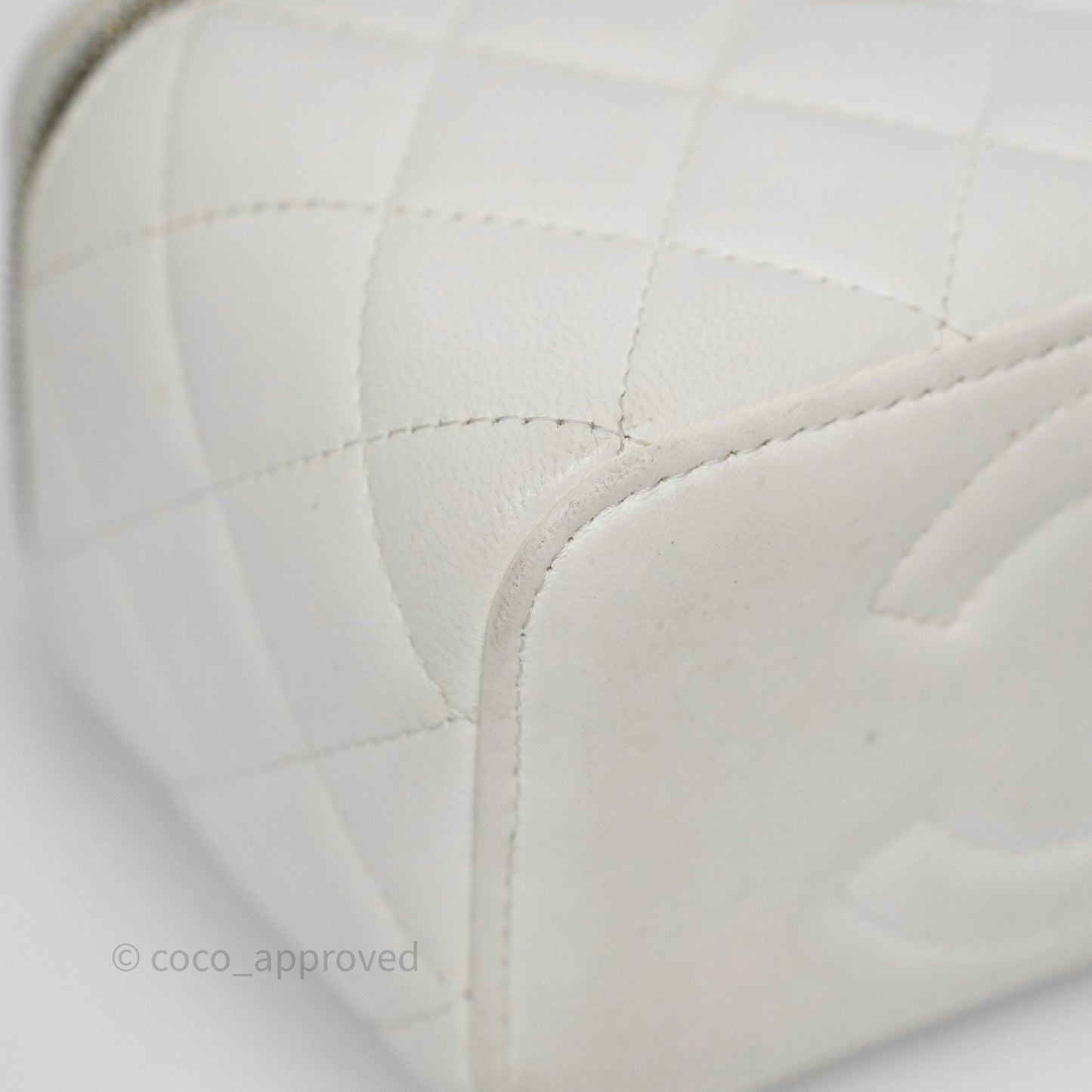 Chanel Logo Crystals Top Handle Vanity Rectangular White Lambskin Gold Hardware