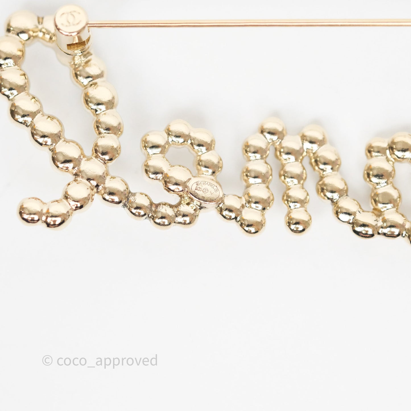 Chanel Logo Pearl Crystal Brooch Gold Tone 20V