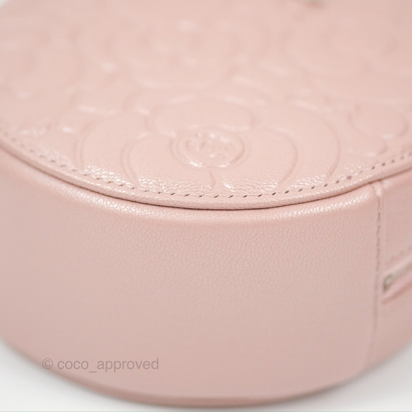 Chanel Camellia Embossed Round Clutch With Chain Iridescent Light Pink Goatskin Silver Hardware