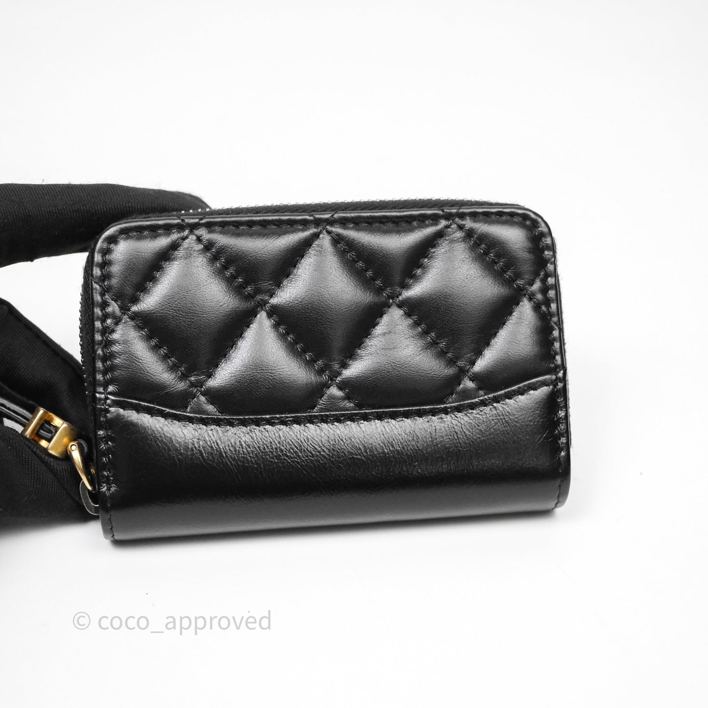 Chanel Quilted Gabrielle Zip Coin Purse Black Lambskin Aged Gold Hardware