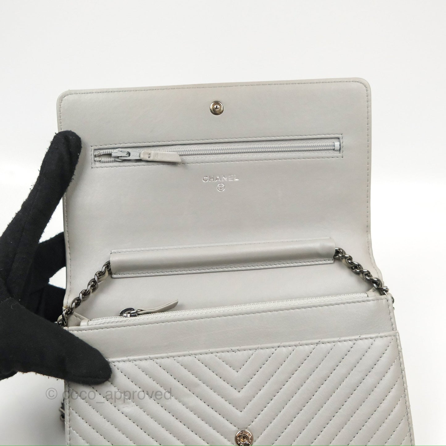 Chanel Chevron Boy Wallet on Chain WOC Grey Lambskin Gun Metal