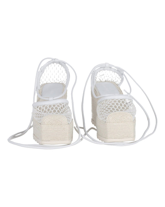 Luxury Bottega Veneta Mesh Espadrille Wedge Sandals in White Leather