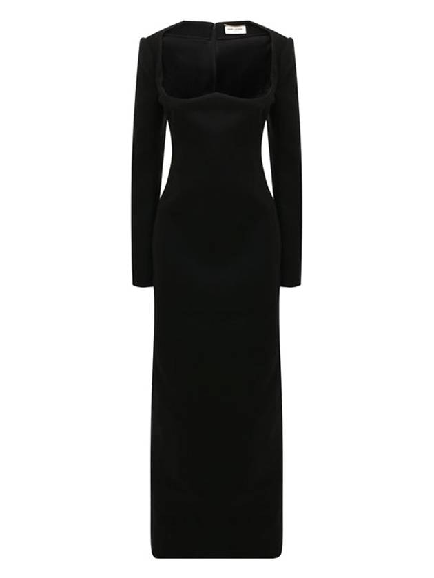 Luxury Saint Laurent Off Shoulder Scoop Neck Wool Long Dress Black