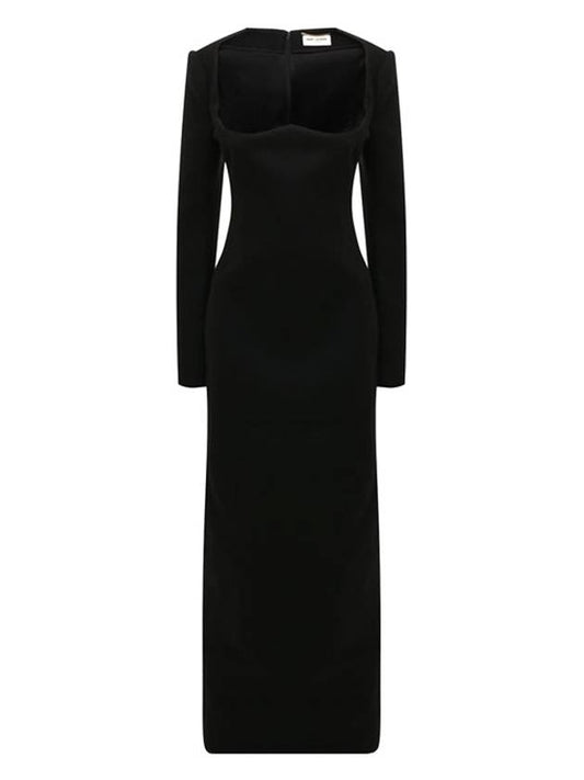 Luxury Saint Laurent Off Shoulder Scoop Neck Wool Long Dress Black