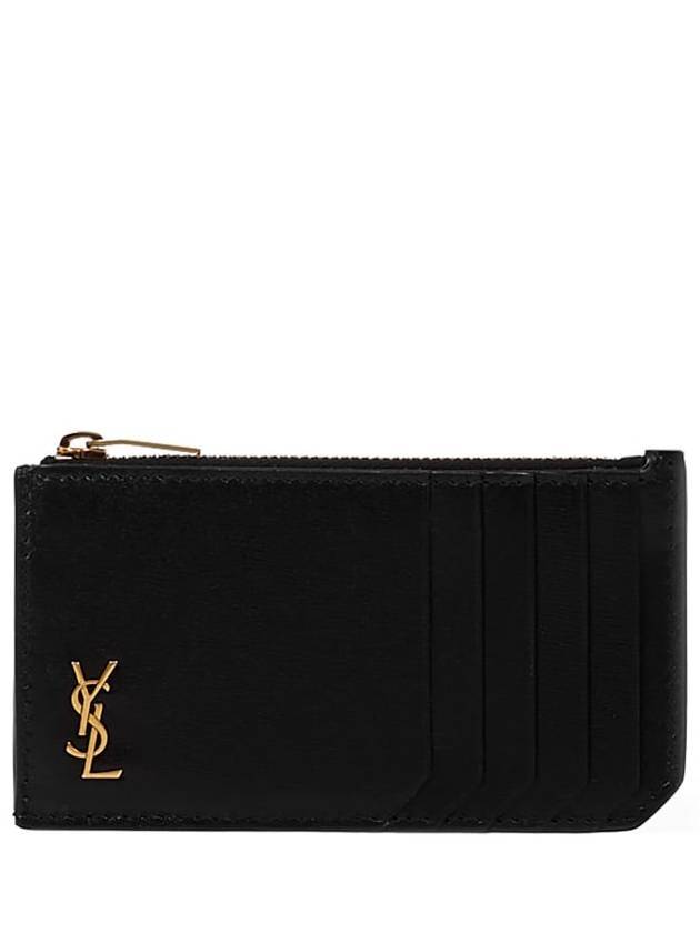 Luxury Saint Laurent Monogram Leather Gold Zipper Card Wallet Black