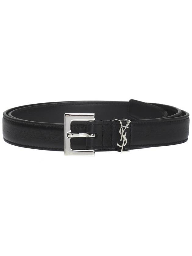 Luxury Saint Laurent Square Buckle Cassandre Thin Leather Belt Black