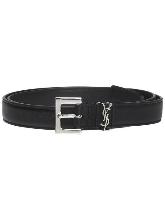 Luxury Saint Laurent Square Buckle Cassandre Thin Leather Belt Black