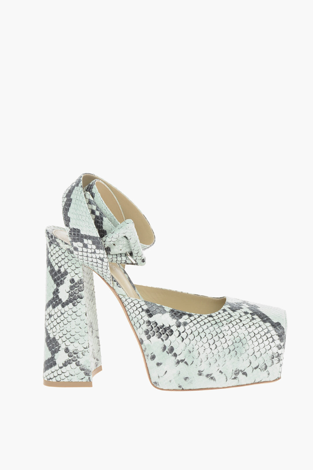 Luxury Bottega Veneta Python-Printed Tower Platform Pumps With Triangle Ankle-Belt