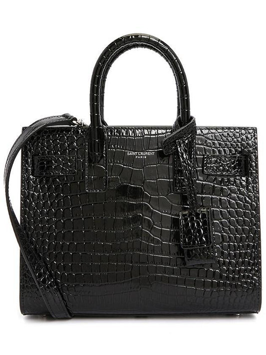 Luxury Saint Laurent Sac De Jour Nano in Embossed Crocodile Shiny Leather Tote Bag Black
