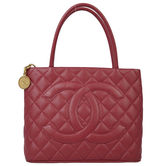 Luxury Chanel 2000-2001 Red Caviar Medallion Tote Handbag