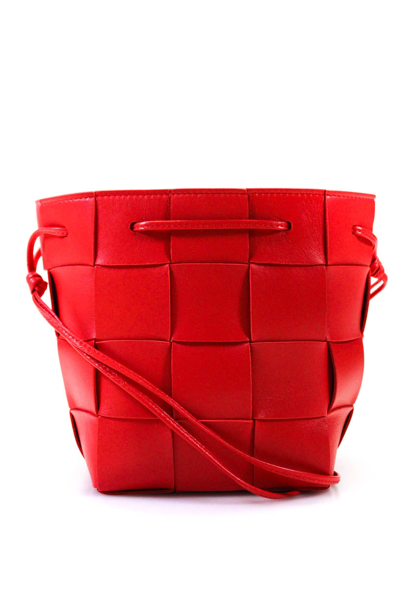 Luxury Bottega Veneta Womens Small Cassette Intrecciato Leather Bucket Bag Handbag Red