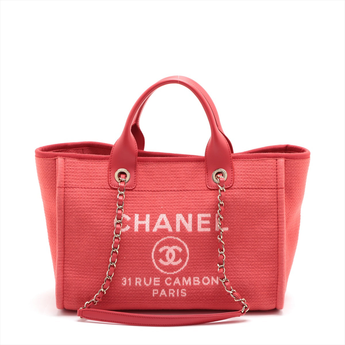 Chanel Dolphin MM Canvas  Leather 2WAY Handbag Red G Gold