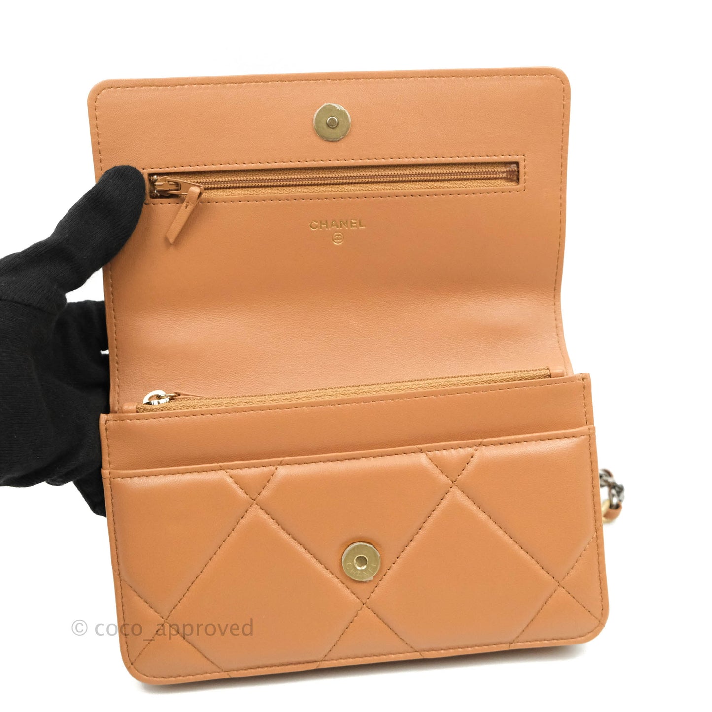 Chanel 19 Wallet on Chain WOC Dark Beige Caramel Lambskin Mixed Hardware 21K